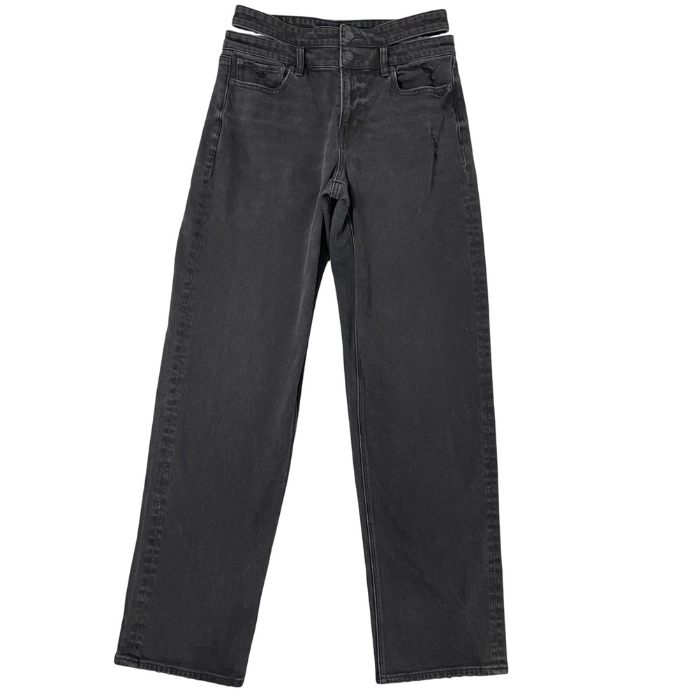 American Eagle Baggy Straight Jeans Womens 6 Long Black Cutout Double Waist Y2K - Picture 2 of 14
